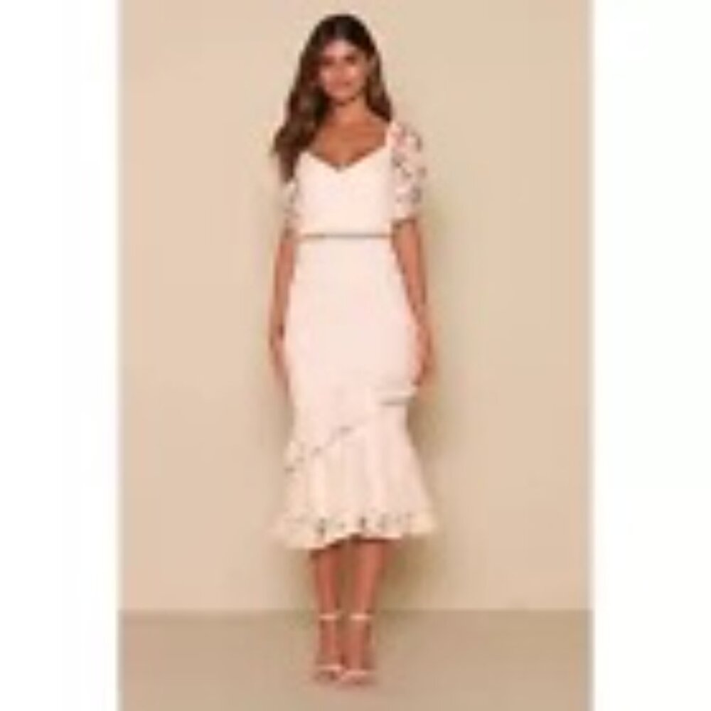 Lulus-Briarwood Blush Pink Lace Ruffled Midi Dress (M)